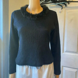 VTG Nikao Milano Paris Fur Neck Hairy Sweater Soft Black Pullover Goth Lady L